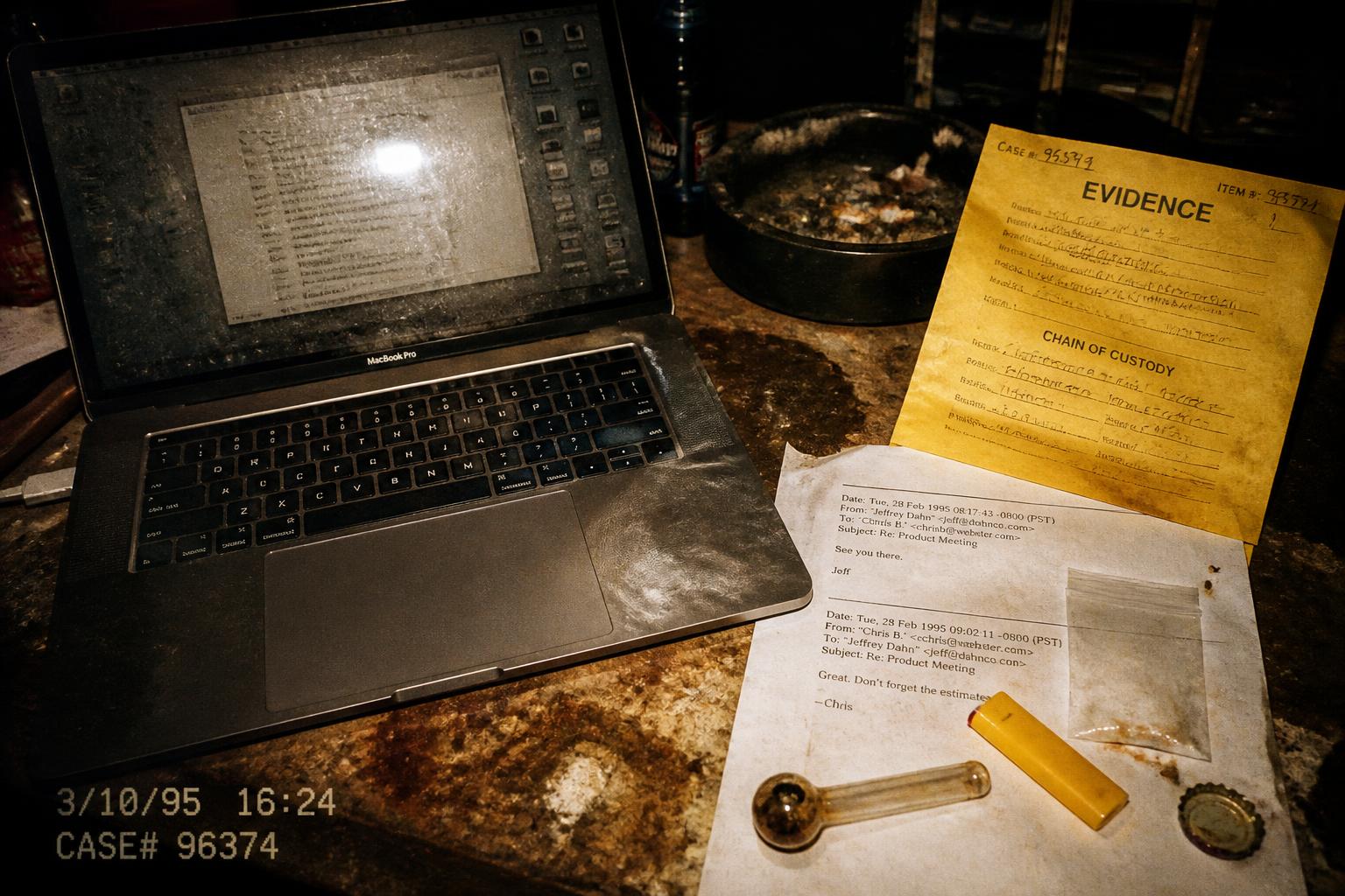 laptop + crack pipe + evidence bag