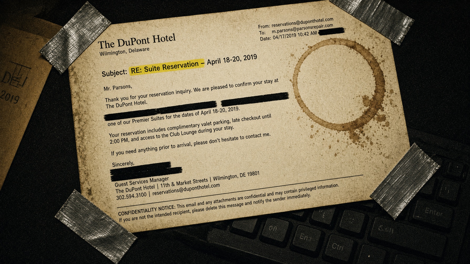 printed hotel email